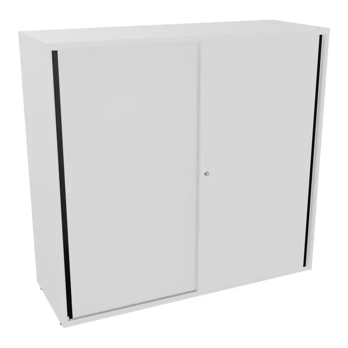 Armoire Armand 2 portes coulissantes H. 113,5 x L. 120 x P. 43,2 cm - 2 tablettes métallique - corps mélamine blanc neige - portes mélamine blanc neige - poignées métal lisse noir