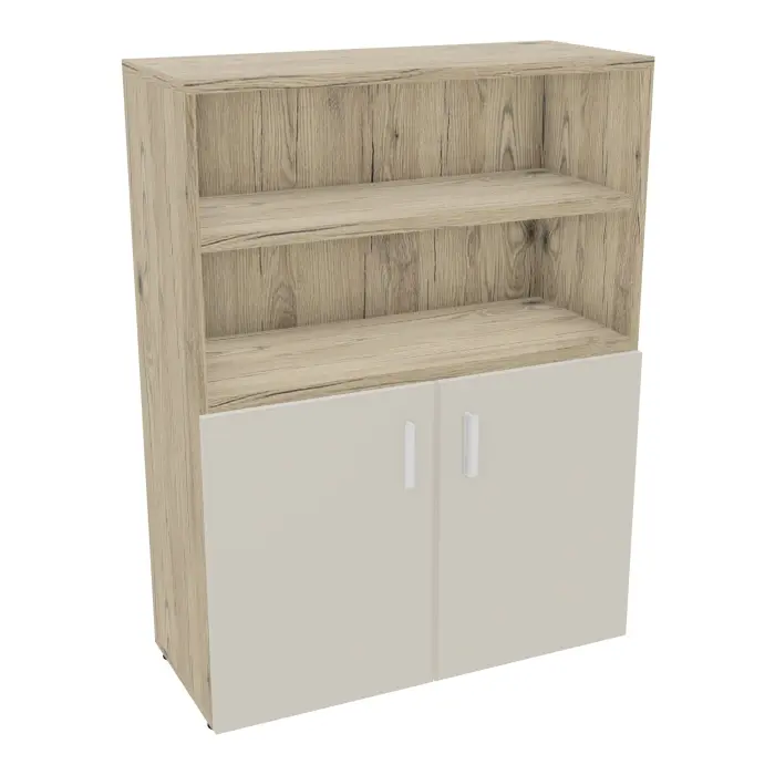 Armoire bibliothèque Armand mélamine 3 tablettes H. 133,5 x L. 100 x P. 43,2 cm corps et top finition mélamine chêne Brunswick avec 2 portes H. 735 cm mélamine lin - poignées métal lisse blanc