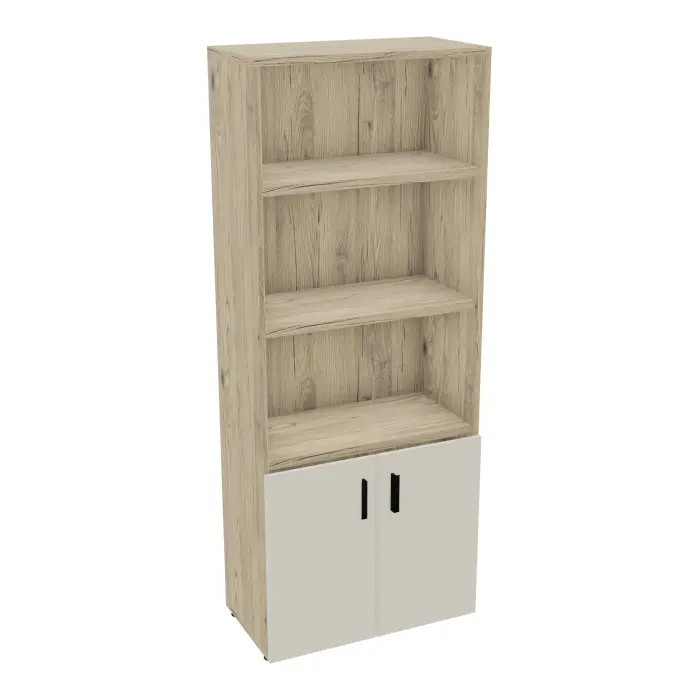 Armoire bibliothèque Armand mélamine 4 tablettes H. 202,1 x L. 80 x P. 43,2 cm corps et top finition mélamine chêne Brunswick avec 2 portes soft-closing H. 735 cm mélamine lin - poignées métal lisse noir