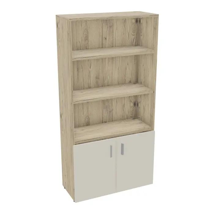 Armoire bibliothèque Armand mélamine 4 tablettes H. 202,1 x L. 100 x P. 43,2 cm corps et top finition mélamine chêne Brunswick avec 2 portes H. 735 cm mélamine lin - poignées métal gris aluminium