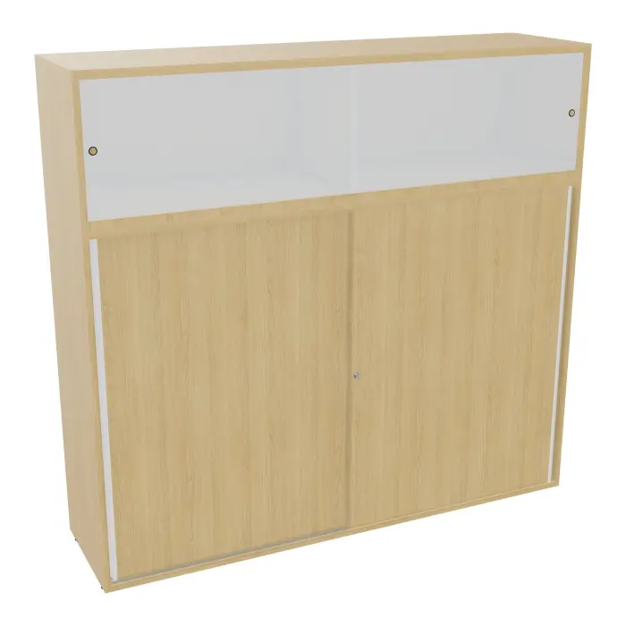 Meuble comptoir séparateur Armand H. 156 x L. 165 x P. 43,2 cm - 3 tablettes - corps mélamine Chêne naturel - portes mélamine Chêne naturel/Altuglas blanc - poignées métal lisse blanc