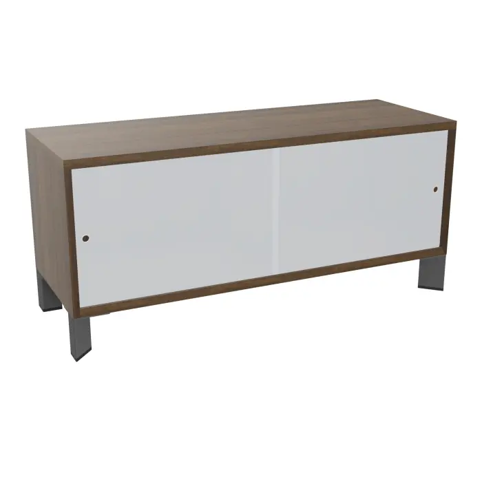 Module bas Armand H. 55,2 x L. 120 x P. 43,2 cm corps mélamine noyer brun - portes altuglas blanc satin - poignées métal structuré gris anthracite