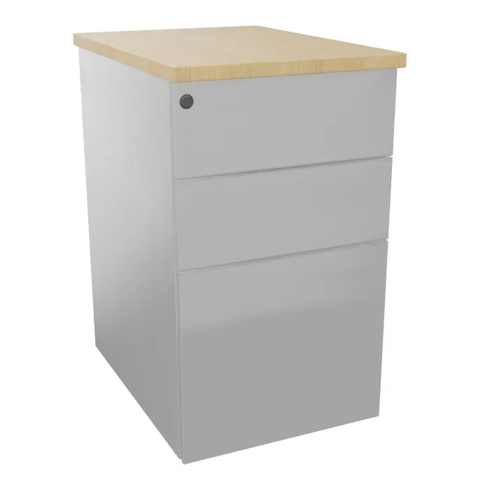 Caisson hauteur bureau métal gris aluminium L. 43,2 x P. 60 x H. 73,5 cm 3 tiroirs dont 1 pour dossiers suspendus top ép. 25 mm mélamine Chêne naturel