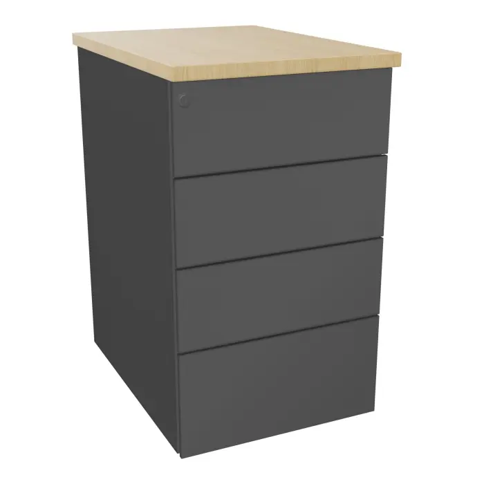 Caisson hauteur bureau métal structuré gris anthracite L. 43,2 x P. 60 x H. 73,5 cm 4 tiroirs plats top ép. 25 mm mélamine Chêne naturel