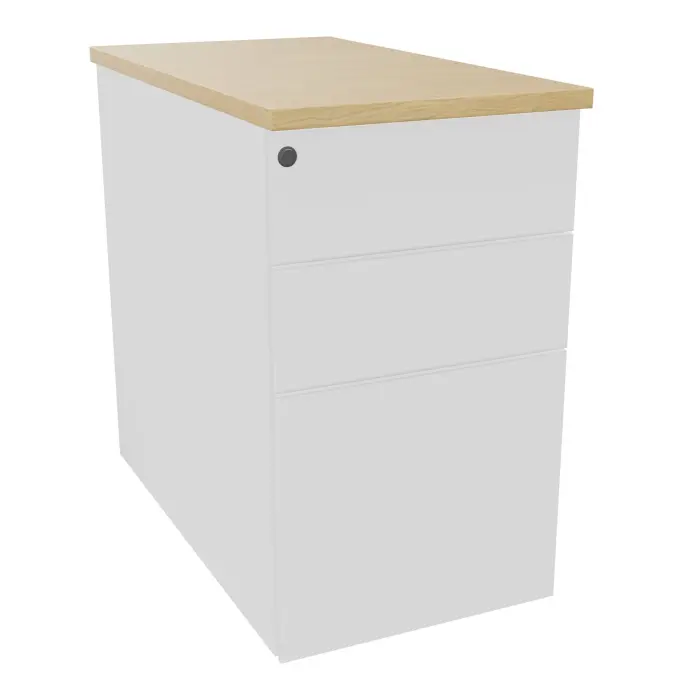 Caisson hauteur bureau métal lisse blanc L. 43,2 x P. 80 x H. 73,5 cm 3 tiroirs dont 1 pour dossiers suspendus top ép. 25 mm mélamine Chêne naturel