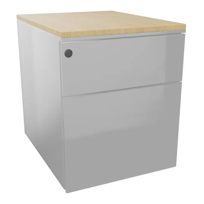 Caisson mobile métal gris aluminium L. 42,3 x P. 53,5 x H. 52,4 cm 2 tiroirs dont 1 dossiers suspendus top ép.19 mm mélamine Chêne naturel