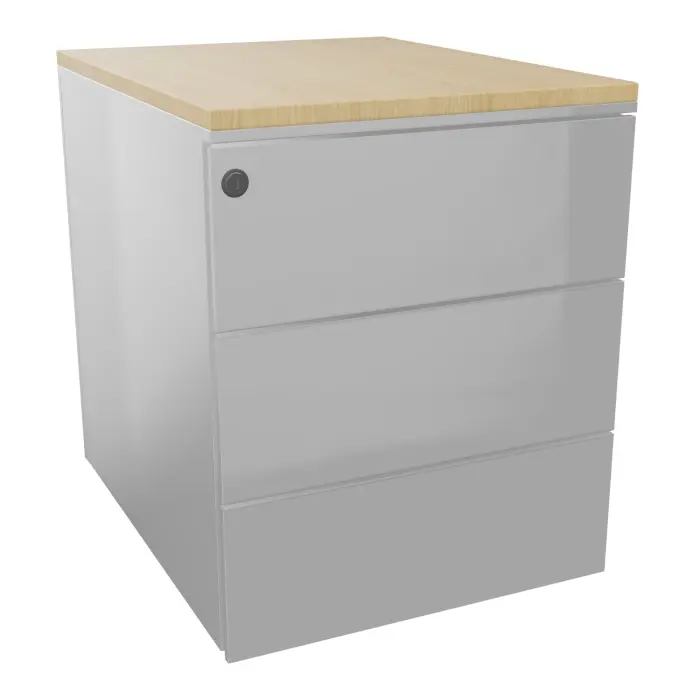 Caisson mobile métal gris aluminium L. 42,3 x P. 53,5 x H. 52,4 cm 3 tiroirs plats top ép.19 mm mélamine Chêne naturel