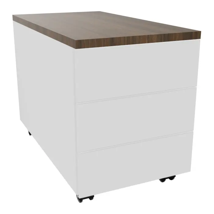 Caisson mobile grande profondeur métal lisse blanc L. 43,2 x P. 80 x H. 57,4 cm - top ép. 25 mm mélamine noyer brun - 3 tiroirs + tirette plumier