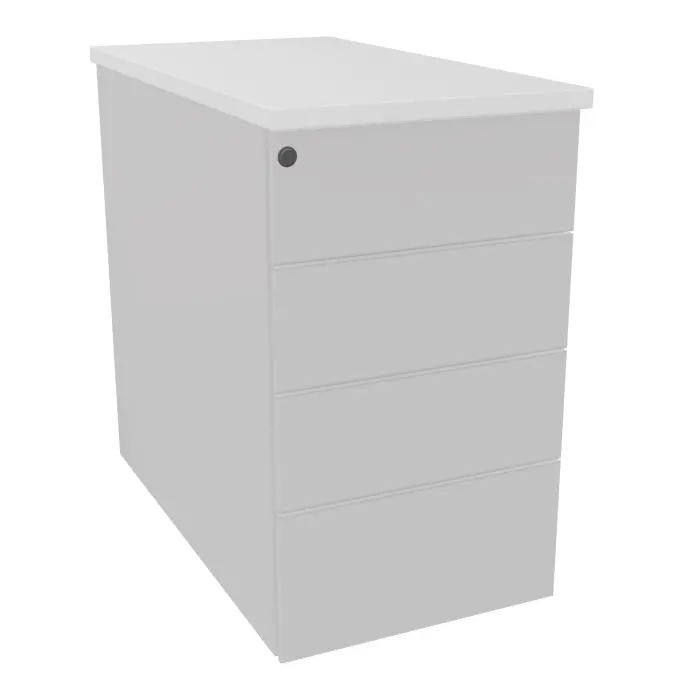 Lot de 12 caissons hauteur bureau métal lisse gris clair L. 43,2 x P. 80 x H. 73,5 cm 4 tiroirs plats top ép. 25 mm mélamine blanc neige