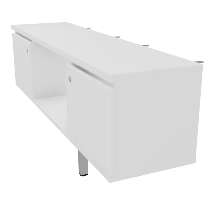 Meuble James 2 portes avec 1 niche L. 142 x P. 36 x H. 73,5 corps et top mélamine blanc neige portes mélamine blanc neige pied carré métal lisse gris aluminium comptabile BENCH ARIAL P142