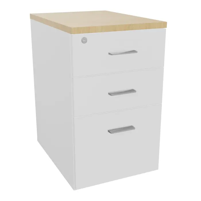 Retour Melina sur caisson hauteur bureau P. 60 cm x L. 43,2 cm 3 tiroirs dont 1 dossier suspendu mélamine blanc neige top épaisseur 25mm mélamine Chêne naturel poignées métal gris aluminium