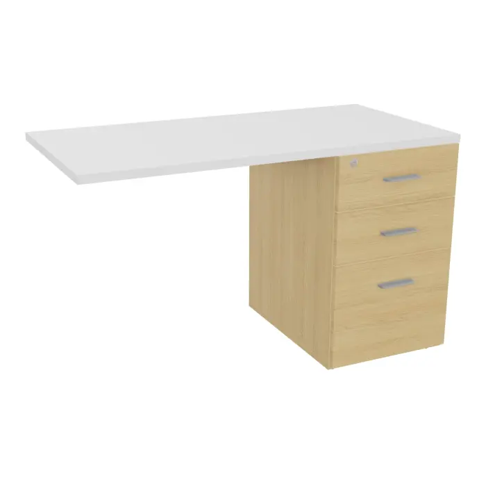 Retour Melina sur caisson hauteur bureau P. 60 cm x L. 120 cm 3 tiroirs dont 1 dossier suspendu mélamine Chêne naturel top épaisseur 25mm mélamine blanc neige poignées métal gris aluminium