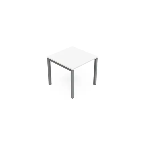 Table carrée Arial L. 80 cm x P. 80 cm x H. 73,5 plateau pré-percé obturateur mélamine blanc neige pied arche carrée fixe métal lisse gris aluminium