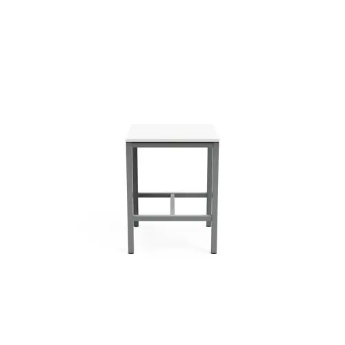 Table carrée Arial L. 80 cm x P. 80 cm x H. 104,5 plateau pré-percé obturateur mélamine blanc neige pied arche carrée fixe avec repose pied métal lisse gris aluminium