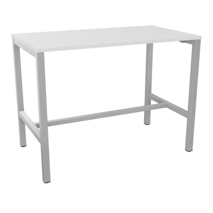Table rectangulaire Arial L. 140 cm x P. 80 cm x H. 104,5 plateau nu mélamine blanc neige pied arche carrée fixe avec repose pied métal lisse gris aluminium