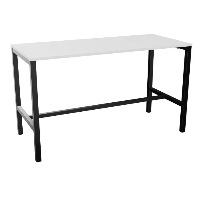 Table rectangulaire Arial L. 180 cm x P. 80 cm x H. 104,5 plateau nu mélamine blanc neige pied arche carrée fixe avec repose pied métal lisse noir
