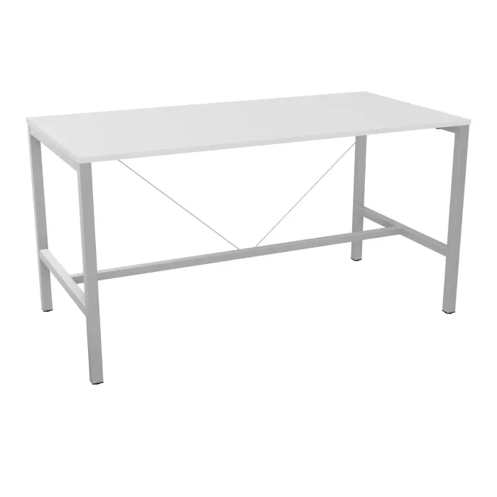 Table rectangulaire 6/8P Arial L. 200 cm x P. 100 cm x H. 104,5 prépercé 2 obturateurs au centre mélamine blanc neige pied arche carrée fixe métal lisse gris aluminium