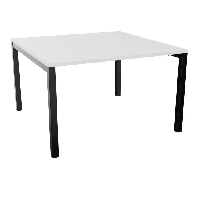 Table carrée 4P Arial L. 120 cm x P. 120 cm x H. 73,5 prépercé obturateur au centre mélamine blanc neige pied arche carrée fixe métal lisse noir