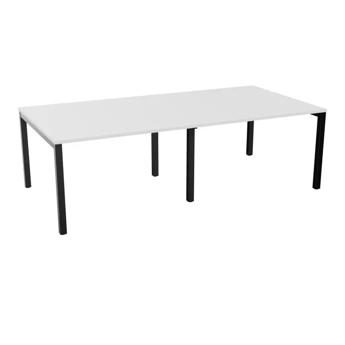 Table rectangulaire 8/10P Arial L. 240 cm x P. 120 cm x H. 73,5 prépercé obturateur au centre mélamine blanc neige pied arche carrée fixe métal lisse noir