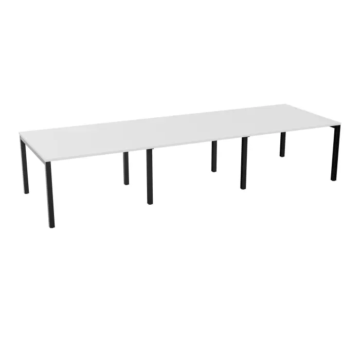 Table rectangulaire 12/14P Arial L. 360 cm x P. 120 cm x H. 73,5 prépercé obturateur au centre mélamine blanc neige pied arche carrée fixe métal lisse noir