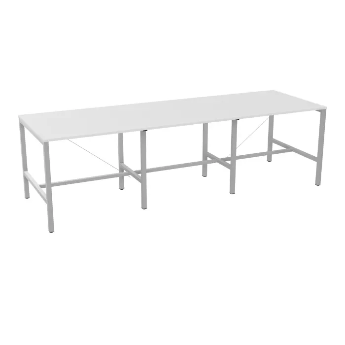 Table rectangulaire 12/14P Arial L. 360 cm x P. 120 cm x H. 104,5 prépercé obturateur au centre mélamine blanc neige pied arche carrée fixe avec repose pied métal lisse gris aluminium