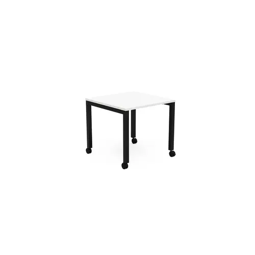 Table carrée Arial L. 80 x P. 80 x H. 73,5 cm plateau pré-percé obturateur mélamine blanc neige piètement arche carrée fixe métal lisse noir sur roulettes