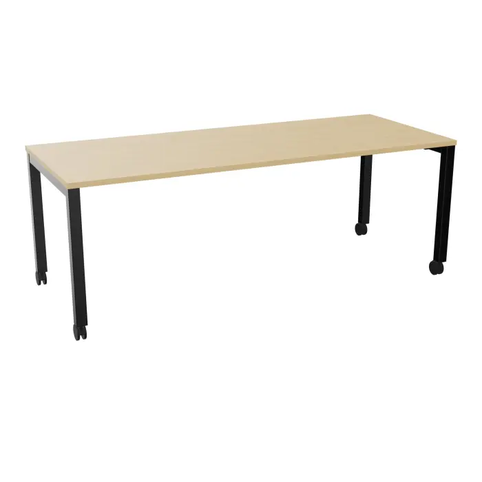 Table rectangulaire Arial L. 200 x P. 80 x H. 73,5 cm plateau mélamine Chêne naturel piètement arche carrée fixe métal lisse noir sur roulettes