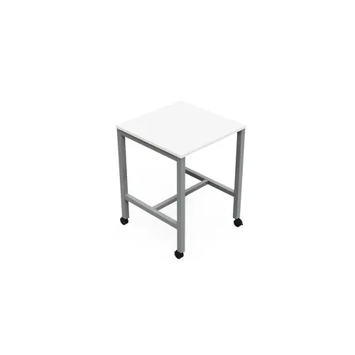 Table carrée Arial L. 80 x P. 80 x H. 104,5 cm plateau pré-percé obturateur mélamine blanc neige piètement arche carrée fixe métal lisse gris aluminium sur roulettes