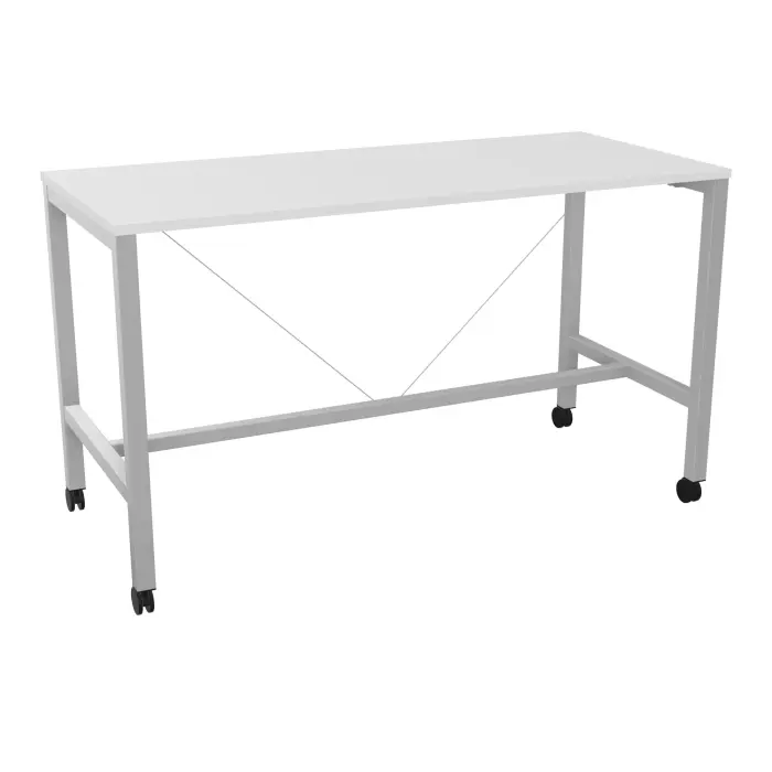 Table rectangulaire Arial L. 180 x P. 80 x H. 104,5 cm plateau mélamine blanc neige piètement arche carrée fixe métal lisse gris aluminium sur roulettes