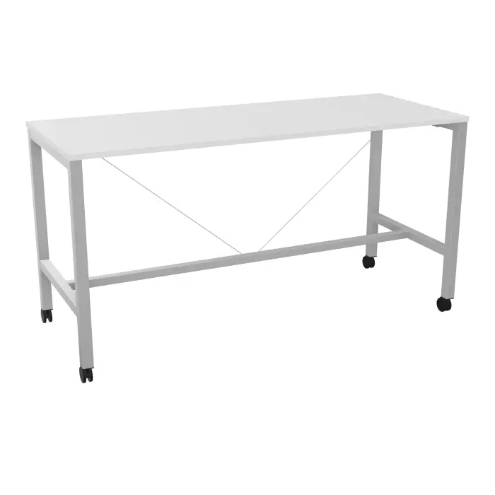 Table rectangulaire Arial L. 200 x P. 80 x H. 104,5 cm plateau mélamine blanc neige piètement arche carrée fixe métal lisse gris aluminium sur roulettes