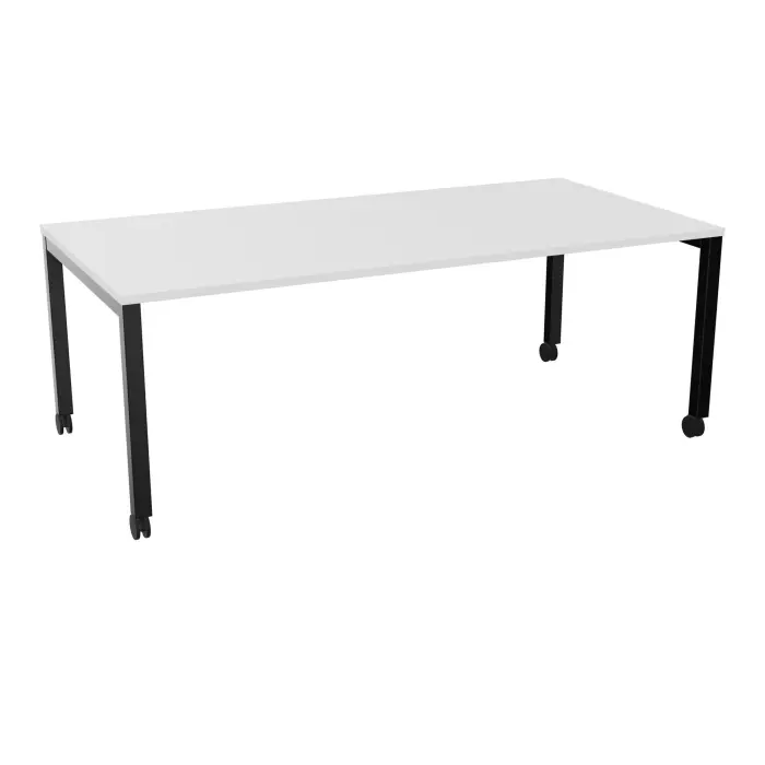 Table rectangulaire Arial L. 200 x P. 100 x H. 73,5 cm plateau prépercé pour obturateurs au centre mélamine blanc neige piètement arche carrée fixe métal lisse noir sur roulettes