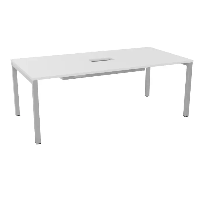 Table rectangulaire Arial L. 200 x P. 100 x H. 73,5 cm plateau découpé pour trappe au centre mélamine blanc neige piètement arche carrée fixe métal lisse gris aluminium