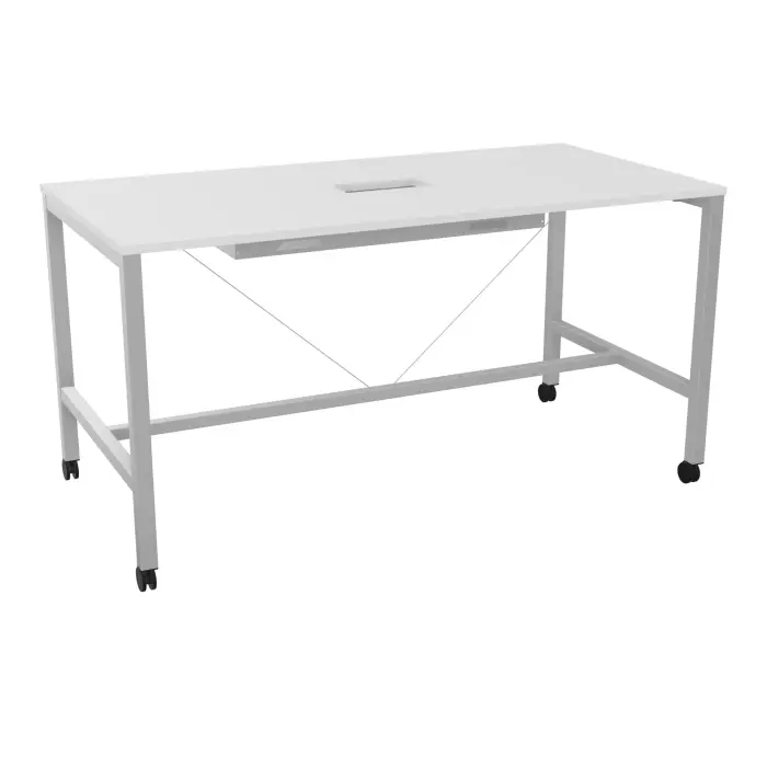 Table rectangulaire Arial L. 200 x P. 100 x H. 104,5 cm plateau découpé pour trappe au centre mélamine blanc neige piètement arche carrée fixe métal lisse gris aluminium sur roulettes