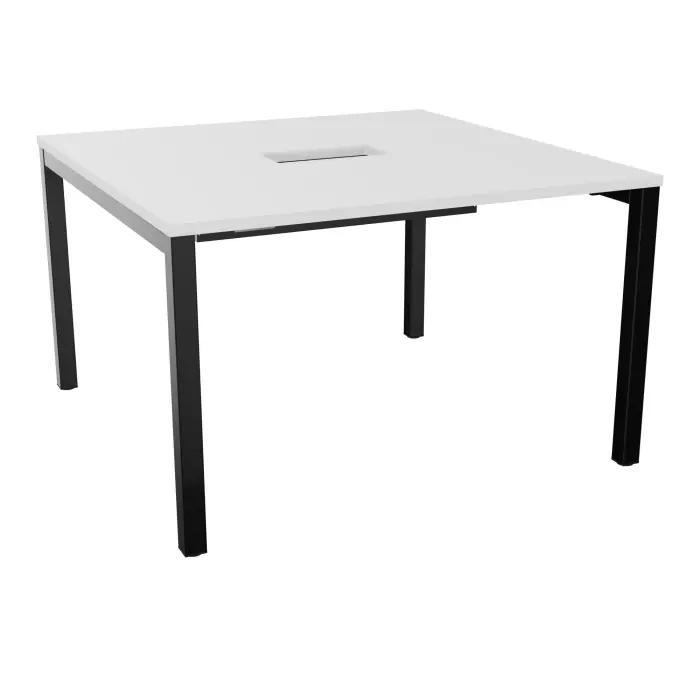 Table carrée Arial L. 120 x P. 120 x H. 73,5 cm plateau découpé pour trappe au centre mélamine blanc neige piètement arche carrée fixe métal lisse noir