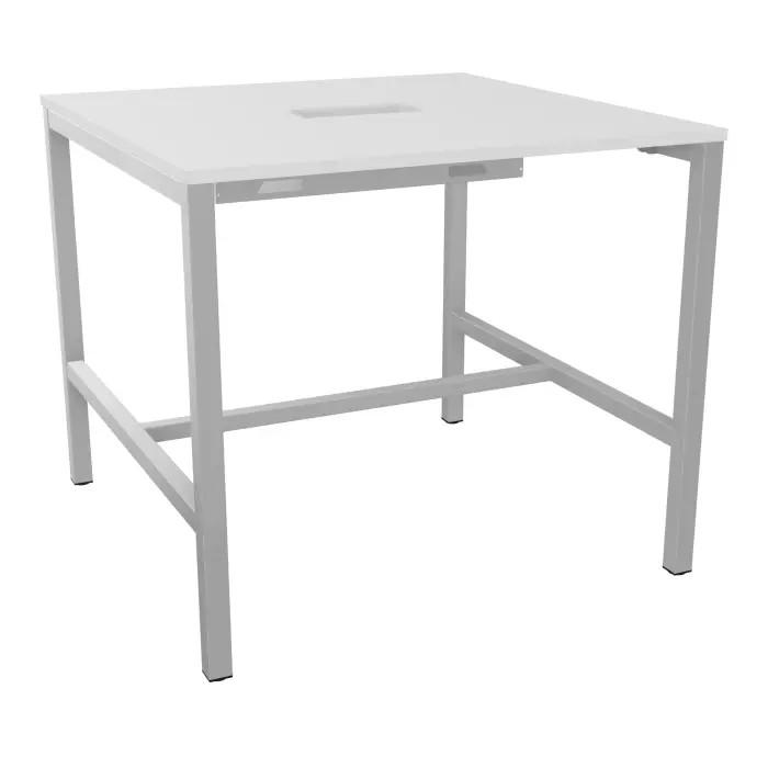 Table carrée Arial L. 120 x P. 120 x H. 104,5 cm plateau découpé pour trappe au centre mélamine blanc neige piètement arche carrée fixe métal lisse gris aluminium