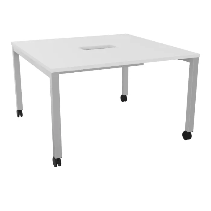 Table carrée Arial L. 120 x P. 120 x H. 73,5 cm plateau découpé pour trappe au centre mélamine blanc neige piètement arche carrée fixe métal lisse gris aluminium sur roulettes