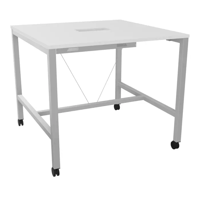 Table carrée Arial L. 120 x P. 120 x H. 104,5 cm plateau découpé pour trappe au centre mélamine blanc neige piètement arche carrée fixe métal lisse gris aluminium sur roulettes