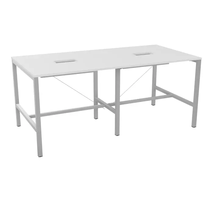 Table rectangulaire Arial L. 240 x P. 120 x H. 104,5 cm plateau découpé pour trappes au centre mélamine blanc neige piètement arche carrée fixe métal lisse gris aluminium