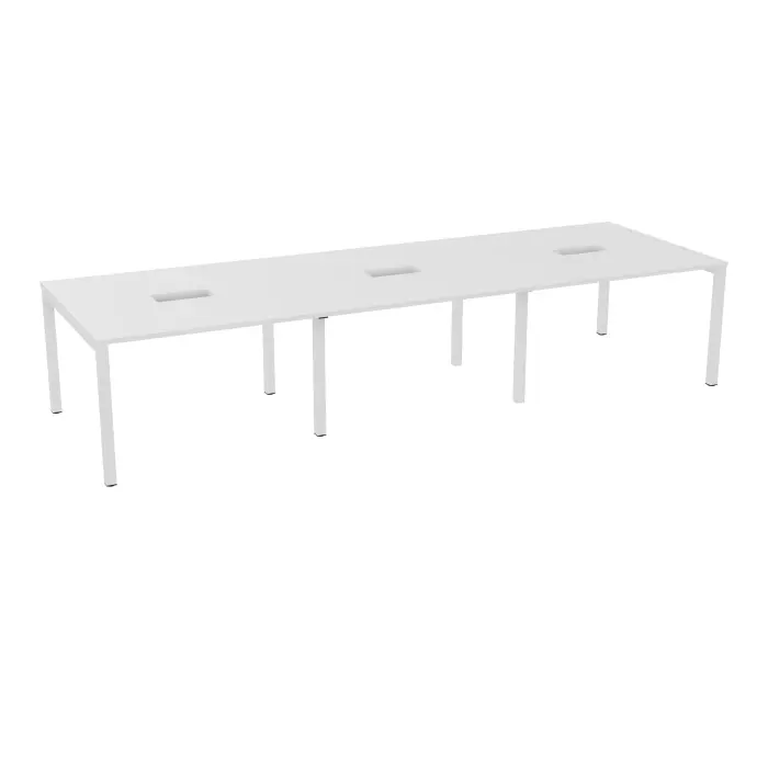 Table rectangulaire Arial L. 360 x P. 120 x H. 73,5 cm plateau découpé pour trappes au centre mélamine blanc neige piètement arche carrée fixe métal lisse blanc