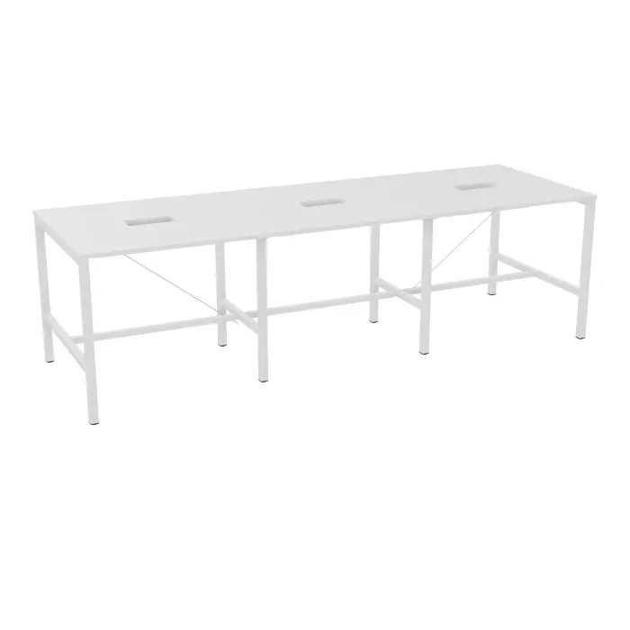 Table rectangulaire Arial L. 360 x P. 120 x H. 104,5 cm plateau découpé pour trappes au centre mélamine blanc neige piètement arche carrée fixe métal lisse gris aluminium