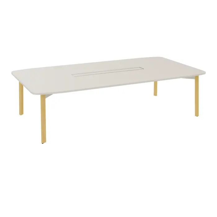 Table de réunion modulaire Karl L. 150 cm x P. 280 cm plateau mélamine lin 4 pietement bois hêtre massif vernis/ dont 1 éléctrifié métal lisse blanc nacré