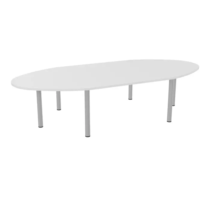 Table ovale Modulo 10 personnes L. 320 cm x P. 140 cm mélamine blanc neige epaisseur 30mm 2 plateaux droits L. 140 cm + 2 plateaux ellipses prépercés 6 obturateurs 6 pieds Ø70 métal lisse gris aluminium