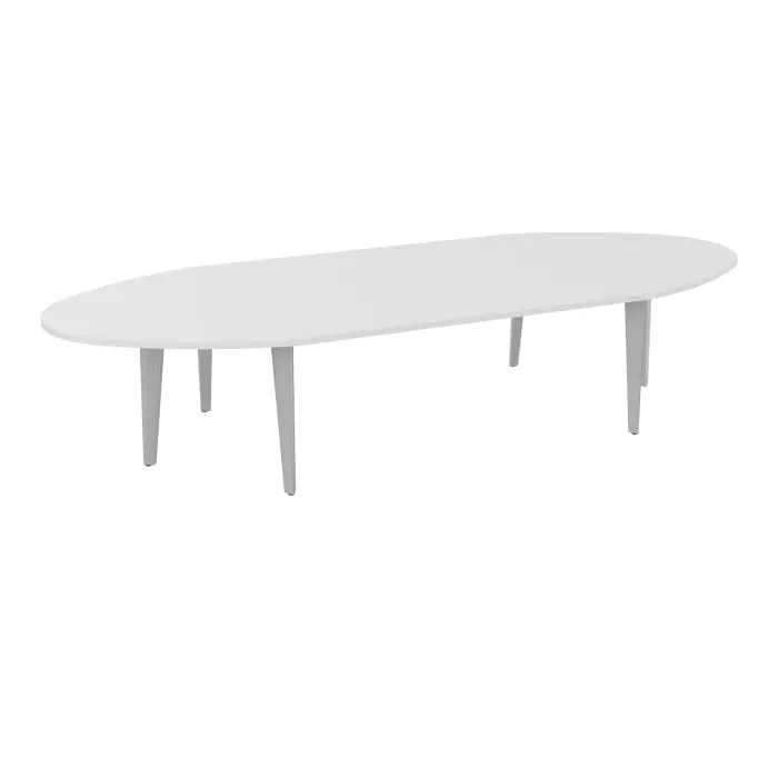 Table ovale Modulo 12 personnes L. 360 cm x P. 140 cm mélamine blanc neige epaisseur 30mm 2 plateaux droits L. 180 cm + 2 plateaux ellipses prépercés 6 obturateurs 6 pieds métal lisse gris aluminium