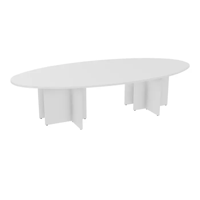 Table elliptique Modulo 10 personnes L. 320 cm x P. 156 cm mélamine blanc neige épaisseur 30mm 2 plateaux courbés symétriques L. 140 cm + 2 plateaux éllipses prépercés 6 obturateurs 4 pieds panneaux mélamine bl