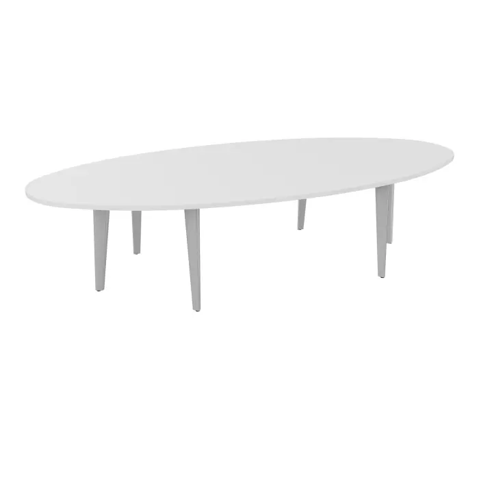 Table elliptique Modulo 10 personnes L. 320 cm x P. 156 cm mélamine blanc neige épaisseur 30mm 2 plateaux courbés symétriques L. 140 cm + 2 plateaux éllipses prépercés 6 obturateurs 6 pieds métal lisse gris alu