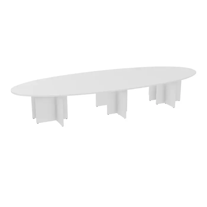 Table elliptique Modulo 14 personnes L. 460 cm x P. 170 cm mélamine blanc neige épaisseur 30mm 4 plateaux courbés symétriques L. 140 cm (2 gauches/2 droites) + 2 plateaux éllipses prépercés 10 obturateurs 6 pie