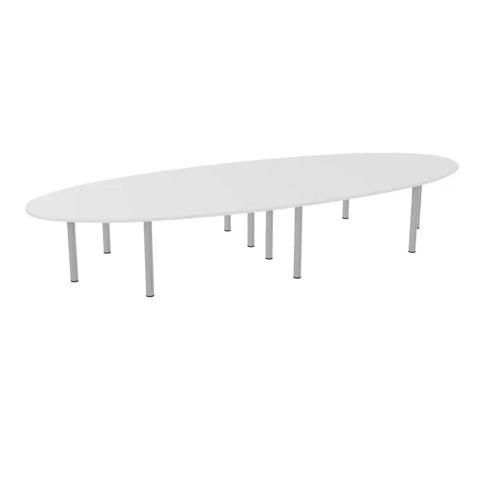 Table elliptique Modulo 14 personnes L. 460 cm x P. 170 cm mélamine blanc neige épaisseur 30mm 4 plateaux courbés symétriques L. 140 cm (2 gauches/2 droites) + 2 plateaux éllipses prépercés 10 obturateurs 10 pi