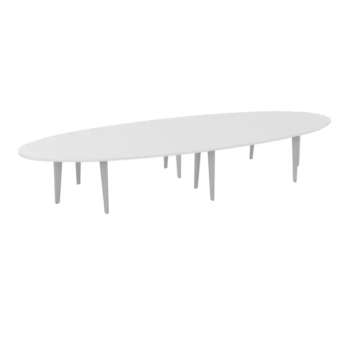 Table elliptique Modulo 14 personnes L. 460 cm x P. 170 cm mélamine blanc neige épaisseur 30mm 4 plateaux courbés symétriques L. 140 cm (2 gauches/2 droites) + 2 plateaux éllipses prépercés 10 obturateurs 10 pi