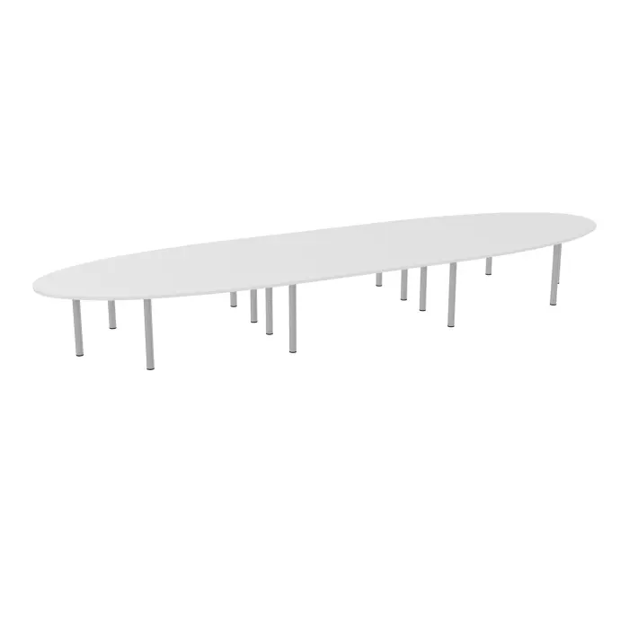 Table elliptique Modulo 20 personnes L. 640 cm x P. 170 cm mélamine blanc neige épaisseur 30mm 4 plateaux courbés symétriques L. 140 cm (2 gauches/2 droites) + 2 plateaux droits + 2 plateaux éllipses L. 180 cm