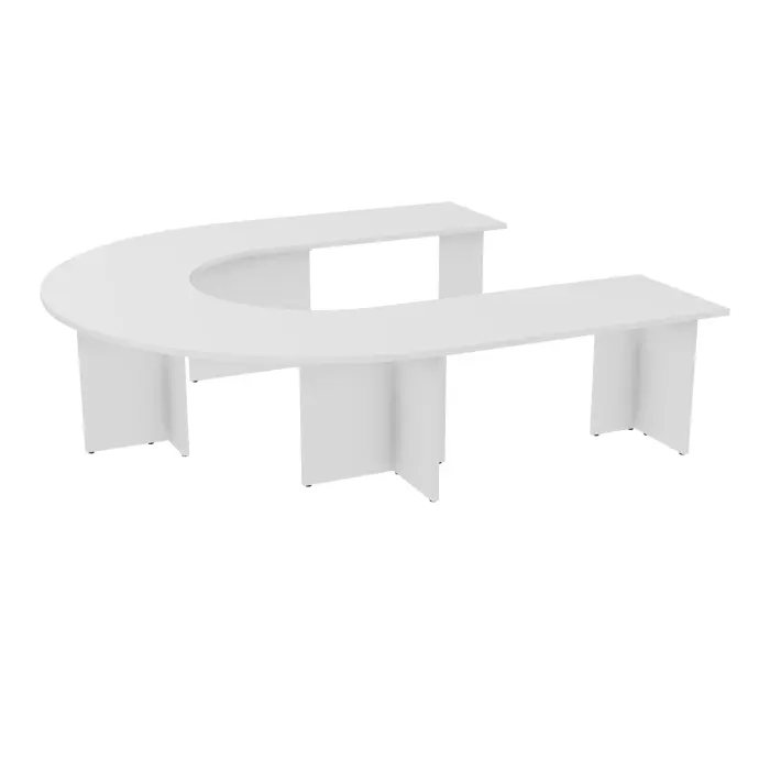 Table U Modulo 10 personnes L. 275 cm x P. 270 cm mélamine blanc neige épaisseur 30mm 2 plateaux droits L. 140 cm + 2 plateaux angle 90° L. 135 cm prépercés 6 obturateurs 5 pieds panneaux mélamine blanc neige